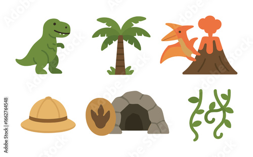 Dinosaur Adventure Icons. Flat vector mini-illustrations dinosaur era visit in colors children's illustrations