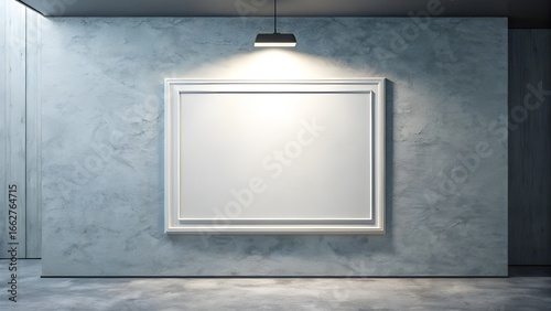white canvas with slim border on a slate gray wall0Slate Gray Wall with Art Frame and Cold Light, Minimal interior with empty frame for mockup