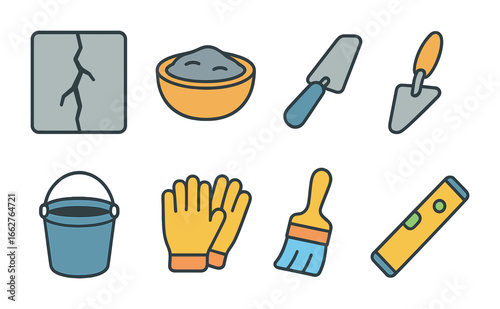 Concrete Repair Icons. Flat vector mini-illustrations concrete crack fixing in colors children's illustrations