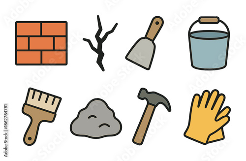 Colorful Wall Repair Icons. Flat vector mini-illustrations exterior wall cracks in colors children's