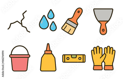 Wall Repair Tools. Flat vector mini-illustrations moisture wall cracks in colors children's illustrations: