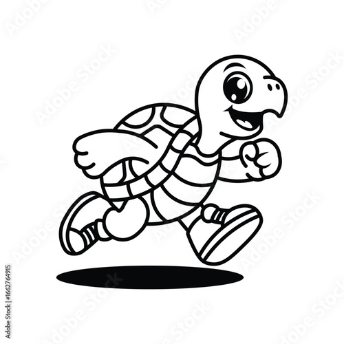 Energetic cartoon turtle running in sneakers with joyful expression – black and white vector illustration for kids on white background