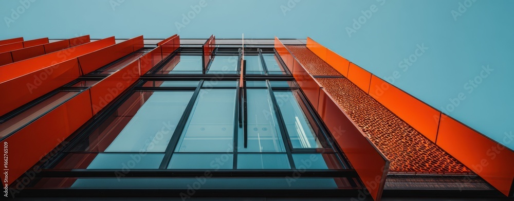 Fototapeta premium The striking modern building showcasing vibrant orange panels against a clear blue sky.