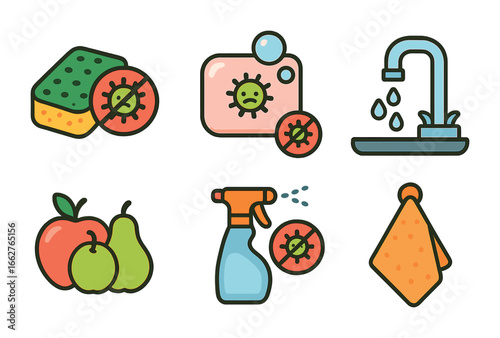 Kitchen Germ Fighters. Flat vector mini-illustrations stopping germs in kitchens in colors children's