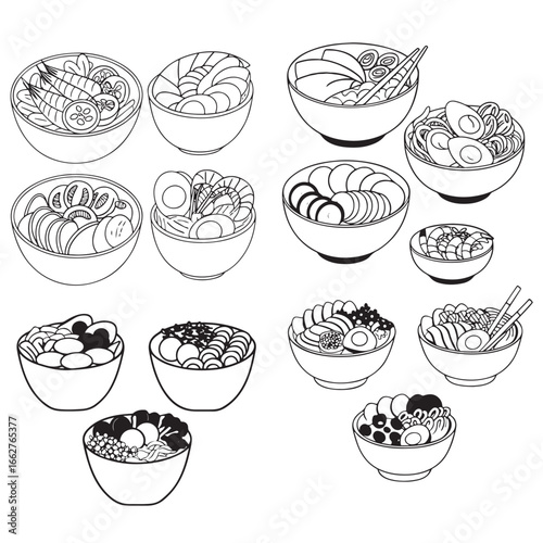 poke bowl collection. Salmon, cucumber, tomato, egg, shrimp, and other vector silhouette
