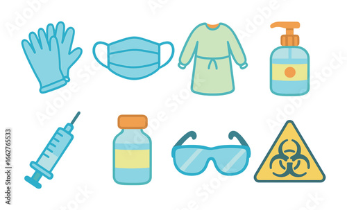Vaccination Equipment Icons. Flat vector mini-illustrations vaccination staff equipment in colors children's