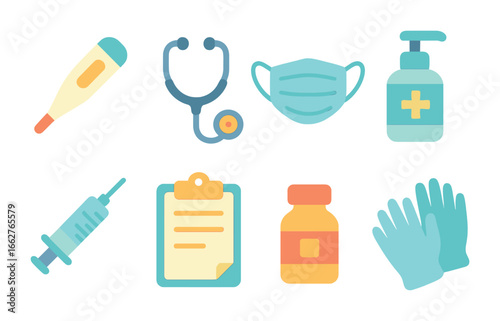 Health Check Icons. Flat vector mini-illustrations health check before vaccination in colors children's