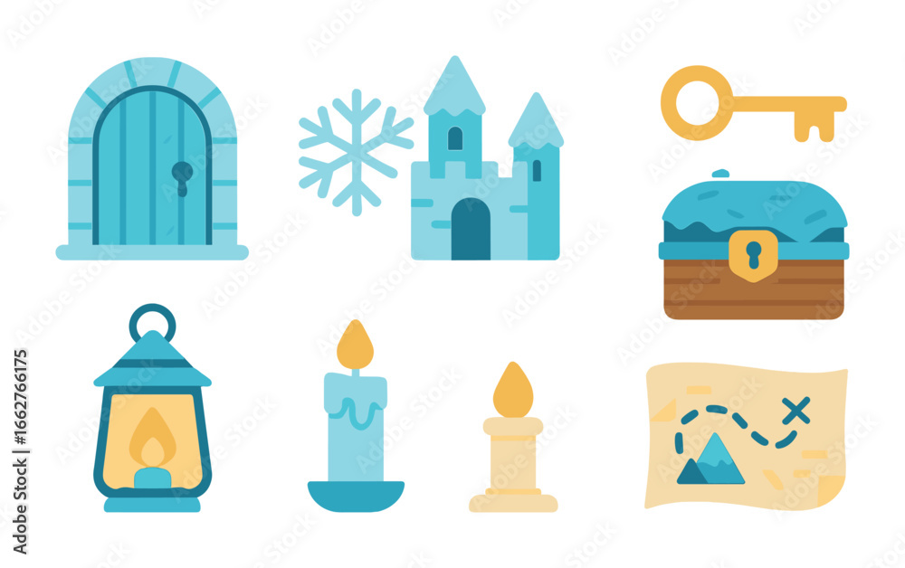 Obraz premium Ice Castle Adventure. Flat vector mini-illustrations ice castle escape theme in colors children's