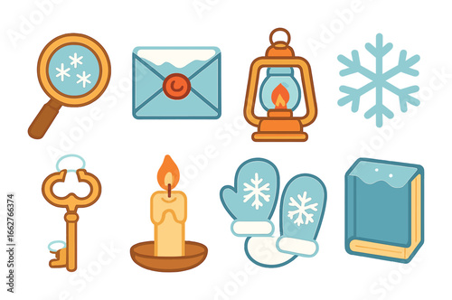 Snowy Detective Clues. Flat vector mini-illustrations snowy detective clues in colors children's illustrations