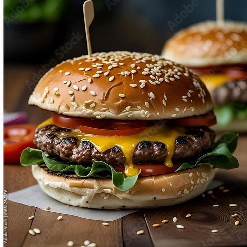 Delicious Grilled Beef Burger with Fresh Ingredients on a Wood Surface