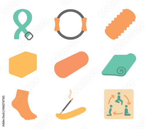 Summer Workout Icon Set. Flat icon set of summer flexibility workout: yoga strap, pilates ring, stretch roller