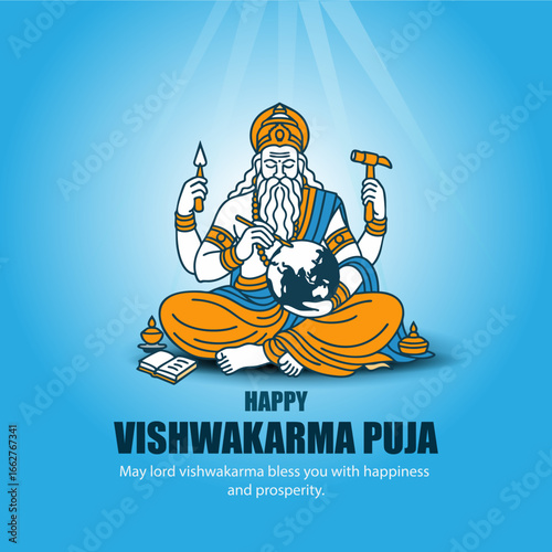Happy Vishwakarma Puja Illustration with Lord Vishwakarma in Meditation Pose