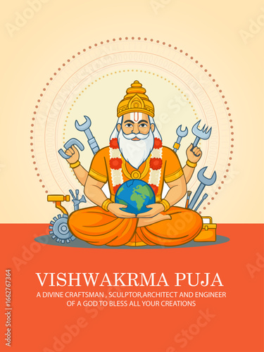Vishwakarma Puja Festival Illustration with Lord Vishwakarma and Engineering Tools