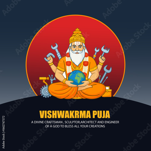 Vishwakarma Puja Illustration with Lord Vishwakarma Globe and Engineering Tools