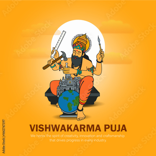 Vishwakarma Puja Festival Illustration with Lord Vishwakarma and Engineering Tools