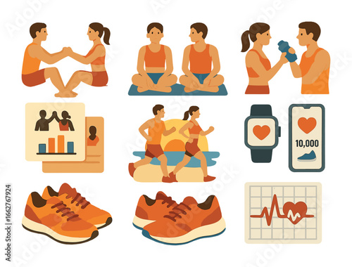 Beach Fitness Icons. Flat icon set of beach fitness couple: partner workout poses, twin yoga mat, shared water