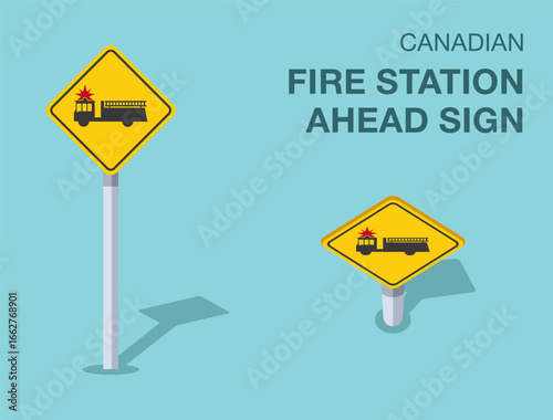 Traffic regulation rules. Isolated canadian "fire station ahead" road sign. Front and top view. Flat vector illustration template.