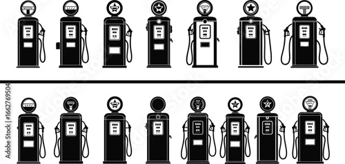 Vintage gas pump silhouette vector set, collection of fuel pump icons, retro gas station illustration, black and white graphics, service station design