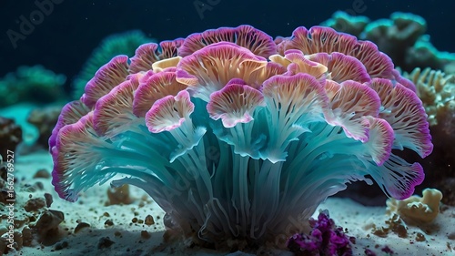 Close up shot of a colorful coral formation in an aquarium with a sandy bottom and dark background