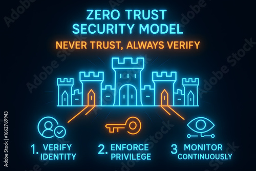 Neon Zero Trust Security Architecture Model Infographic for Cybersecurity