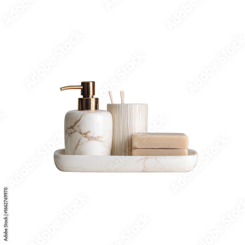 Elegant Marble Bathroom Accessory Set with Soap Dispenser, Soap, and Cotton Swabs