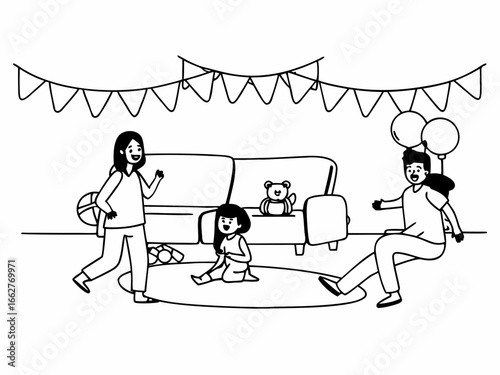 Happy family celebrates together at home with balloons and party decorations fun