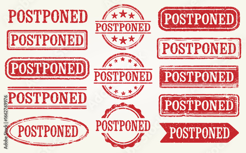 Postponed Grunge Stamp Set. Collection Of 13 Distressed Red Postponed Retro Rubber Stamps With A Vintage Grunge Texture. Perfect For Events,  Meetings, Cancellations, Notices, Posters. Isolated Vector