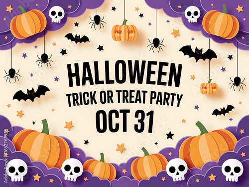 Halloween trick or treat party invitation with pumpkins and skulls