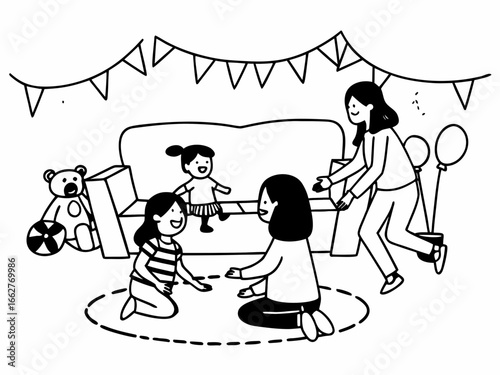 Delightful family playtime scene with children and adults, showcasing love and happiness