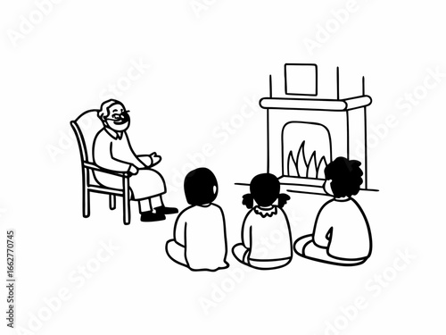 Storytelling time Grandfather reading to children near fireplace for family bonding
