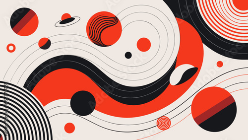 Abstract composition with planets and curved lines art