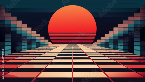 Retro sunset with grid floor and pixelated staircases