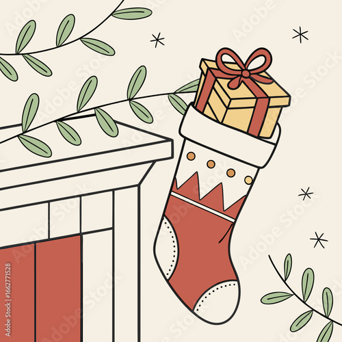 A christmas stocking filled with a gift hanging on the fireplace mantelpiece