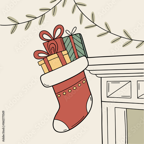 Christmas stocking filled with gifts hanging on the fireplace mantelpiece