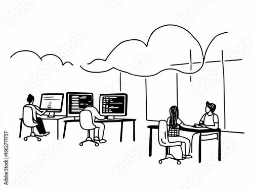 Modern team collaboration on software project with cloud diagram in open office space