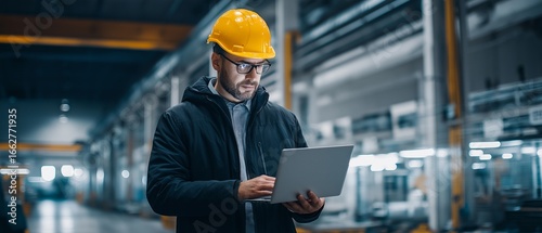 A chief engineer wearing a hard hat holds a laptop as he walks through a light-colored, modern factory. A handsome and successful man working in a modern industrial setting.