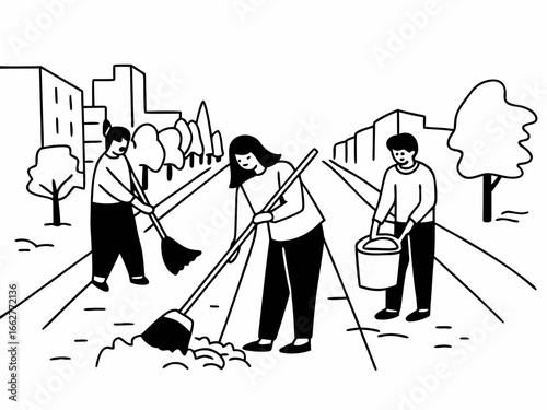 Volunteers sweeping urban street, community cleanup enhances neighborhood pride today