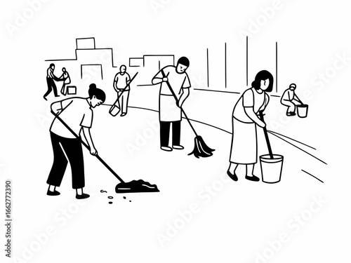 Community cleaning crew working diligently to keep city streets spotless and pristine