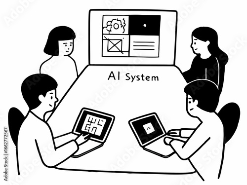 Modern team collaborating on AI system with laptops at conference table design