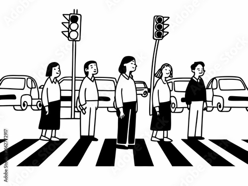People cross busy street safely at crosswalk with traffic lights, urban scene illustration