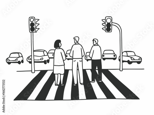 People crossing street at crosswalk with modern cars observing traffic signals safely
