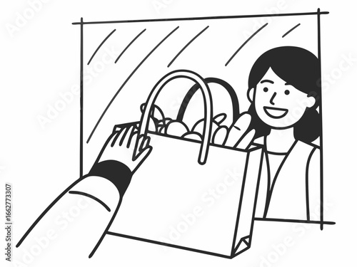 Cheerful cashier handing full shopping bag to customer at bakery counter sketch
