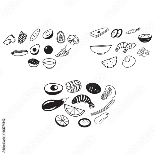 poke bowl collection. Salmon, cucumber, tomato, egg, shrimp, and other vector silhouette