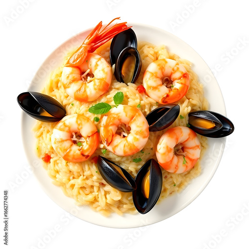 Delicious seafood rice dish with shrimp and mussels garnished with fresh herbs white background