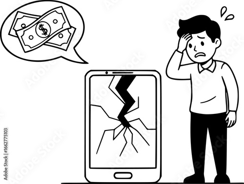 A worried individual stands beside a cracked smartphone