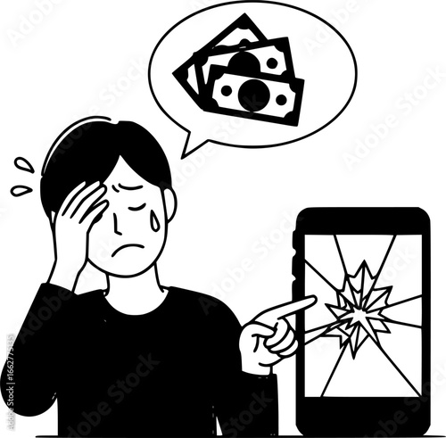 A worried individual stands beside a cracked smartphone