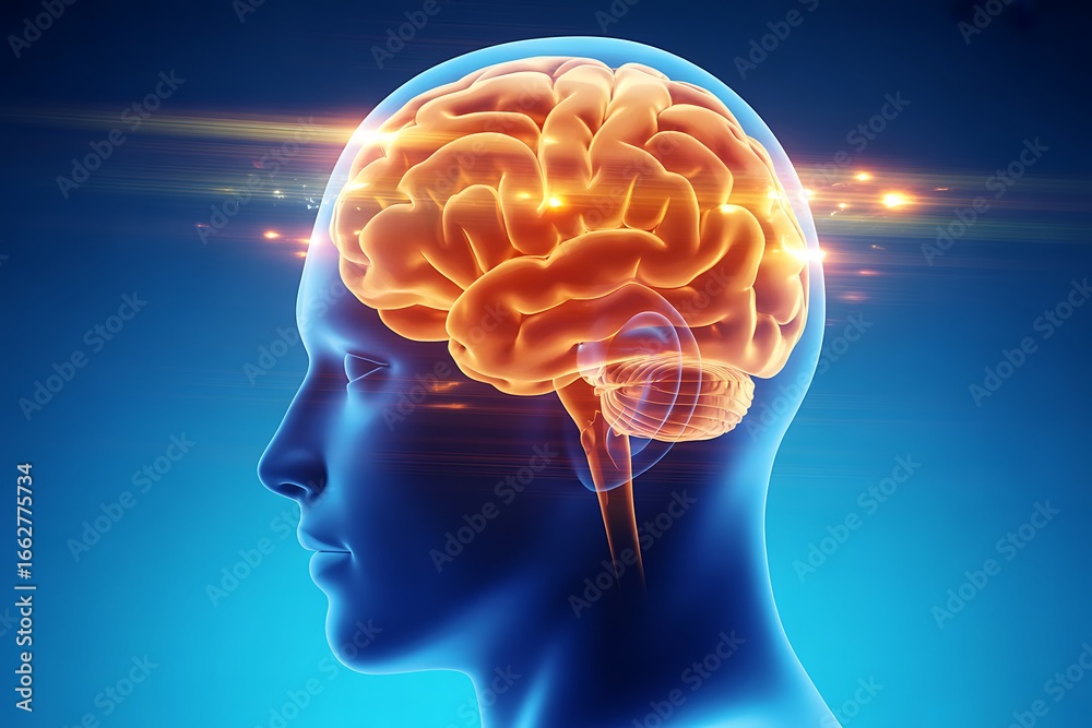 Obraz premium Profile of a human head with a glowing brain, representing intelligence, cognition, and mental activity