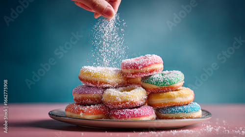Colorful Donuts Stacked on Plate with Powdered Sugar Sprinkling