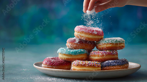 Colorful Donuts Stacked on Plate with Powdered Sugar Sprinkling