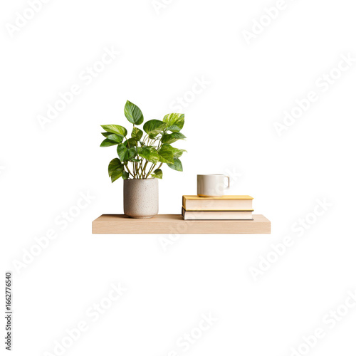 Minimalist Home Office Shelf Decor Plant, Books, and Coffee Mug
